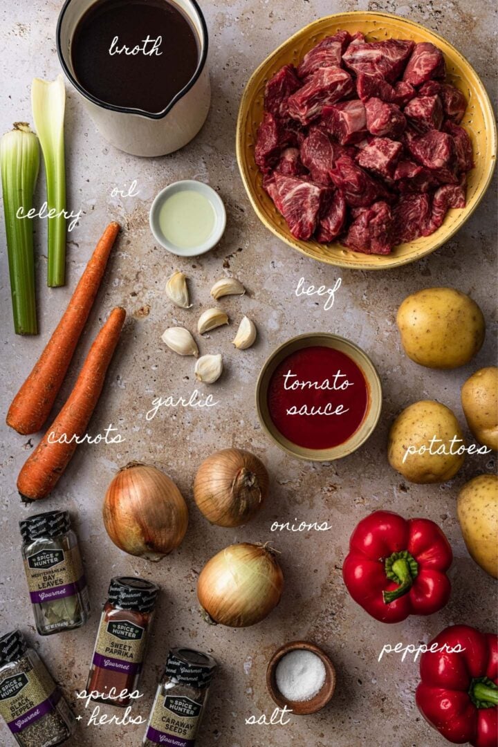 A photo of all the ingredients to make goulash.