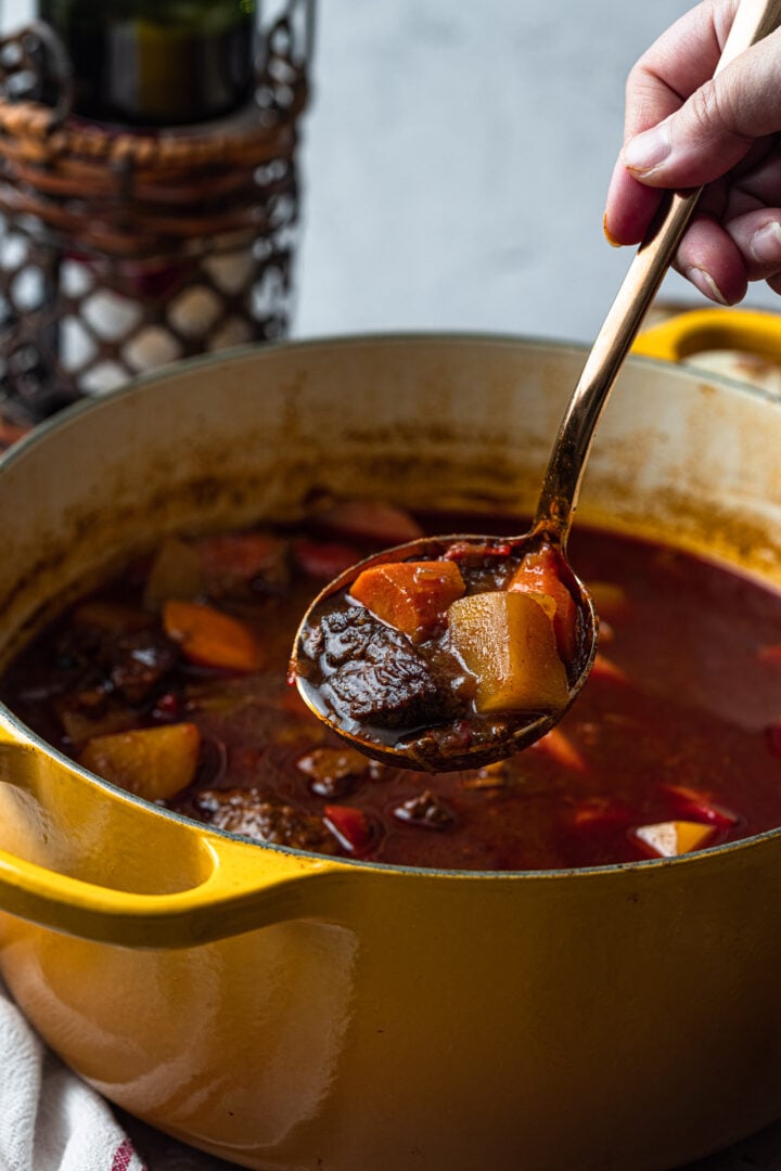 A ladleful of goulash soup.