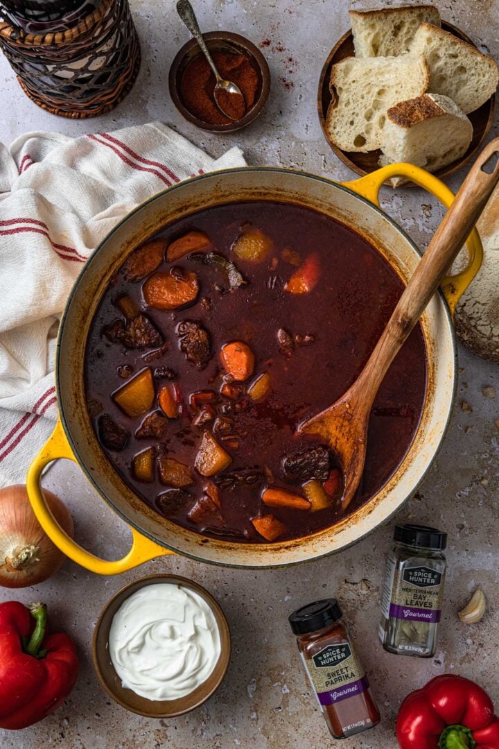 A pot of Hungarian goulash soup.