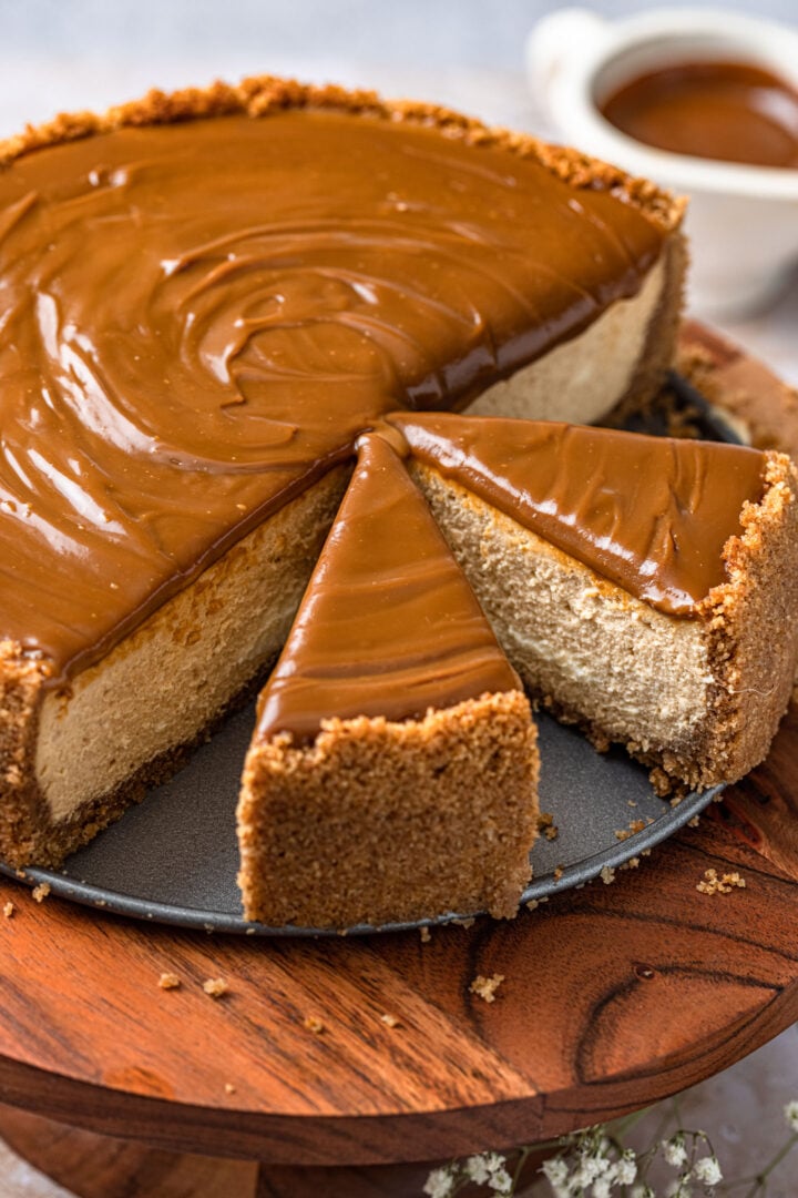 Two slices of dulce de leche cheesecake.