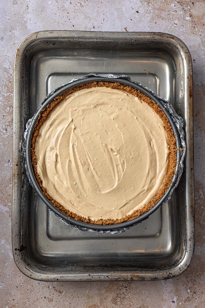 Dulce de Leche Cheesecake in a water bath.