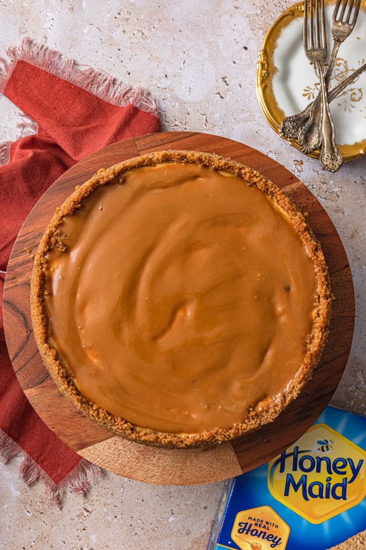 Dulce de leche cheesecake topped with dulce de leche sauce.