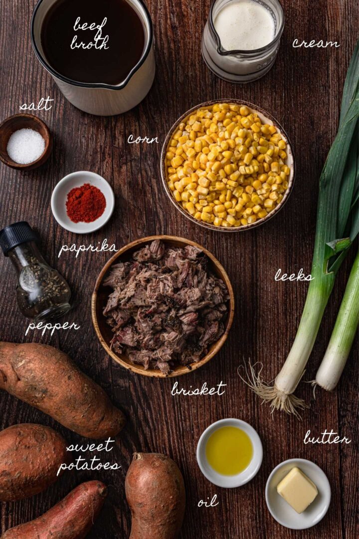 A photo of all the ingredients to make sweet potato chowder with brisket.