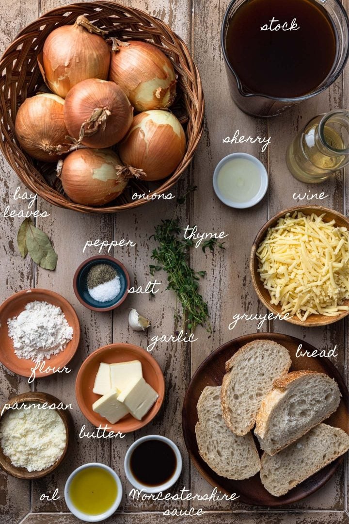 A photo of all the ingredients needed to make this French onion soup recipe.