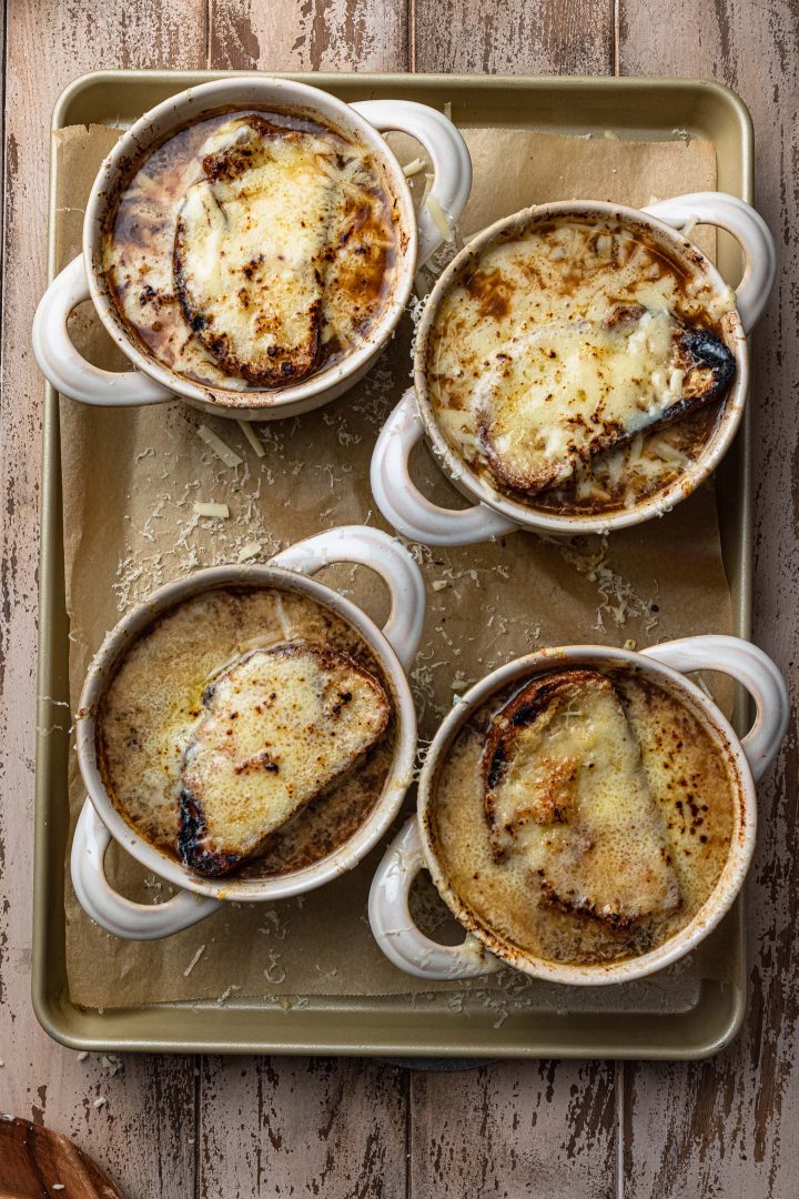 French onion soup bowls after broiling.