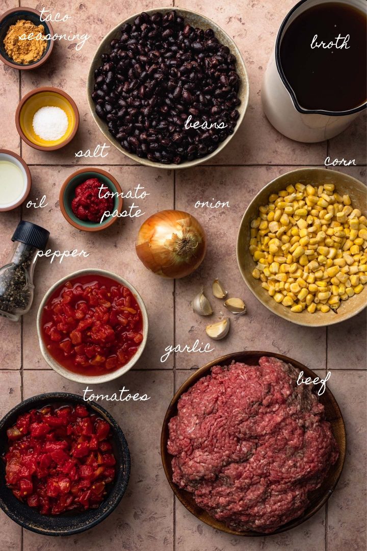 A photo of the ingredients you'll need to make this taco soup recipe.