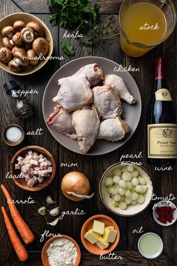 A photo of the ingredients needed to make this chicken coq au vin recipe.