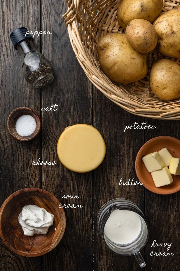 A photo of all the ingredients needed to make smoked gouda cheesy mashed potatoes.