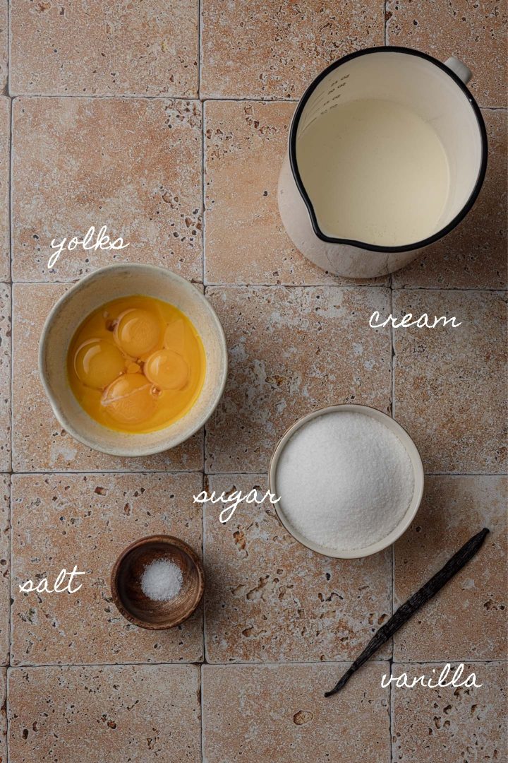 A photo of all the ingredients needed to make this creme brulee recipe.