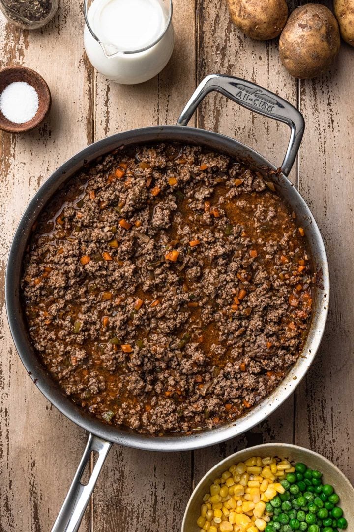 Cooking the meat filling for a shepherd's pie.