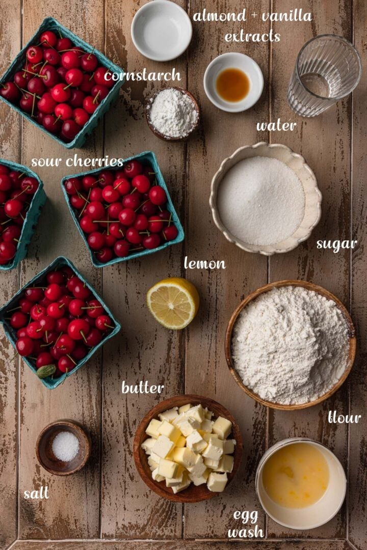 A photo of all the ingredients needed to make homemade cherry pie.