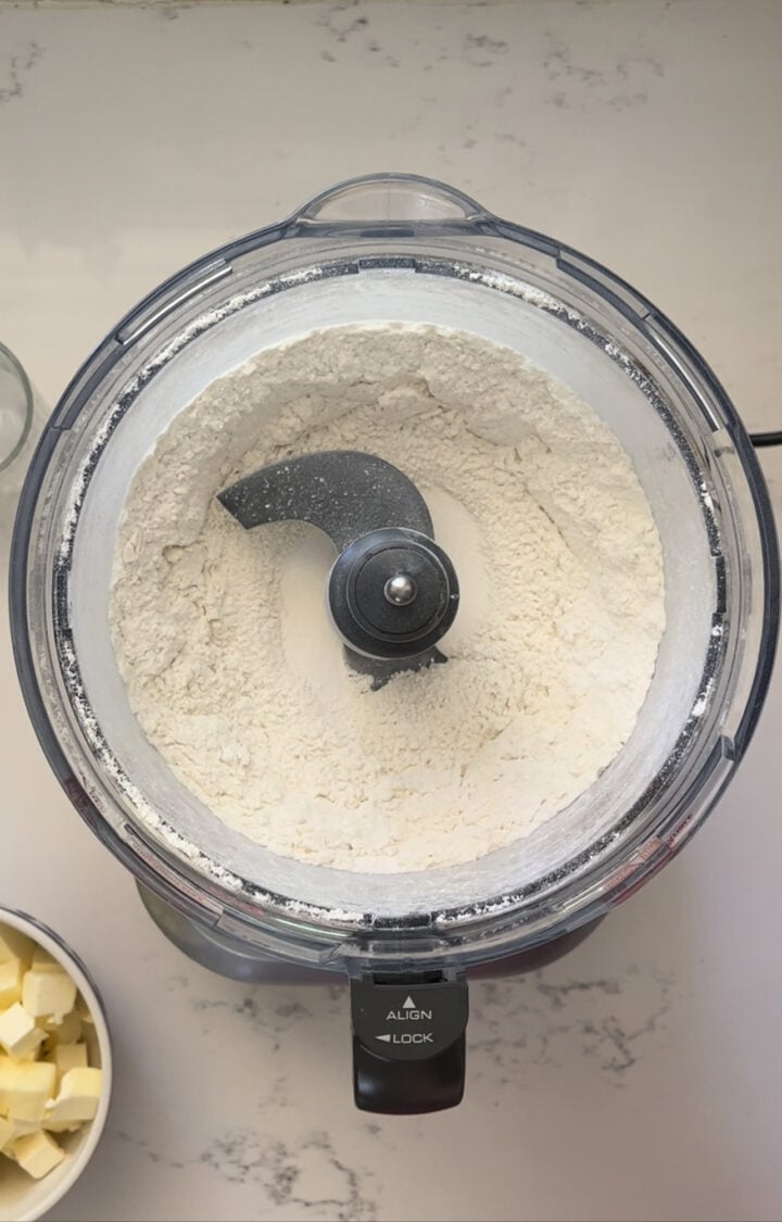 Flour, sugar and salt in the food processor.
