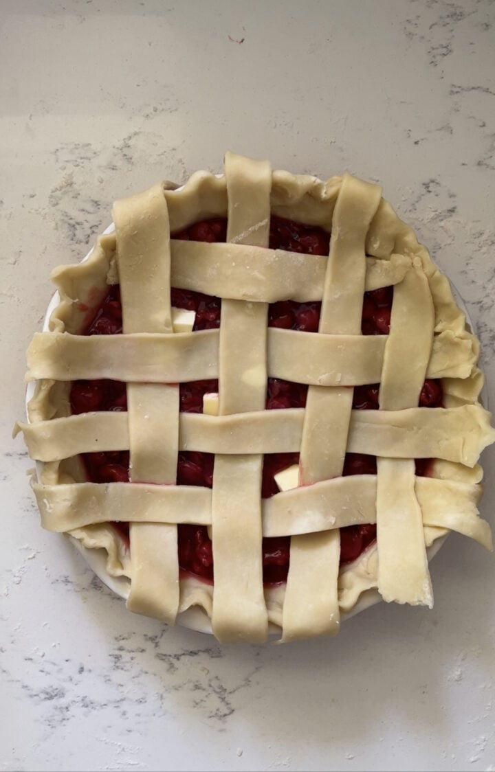 Making a lattice crust.