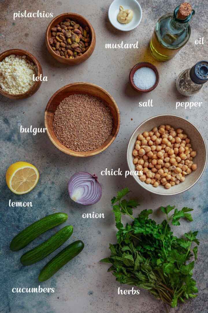 A photo of all the ingredients needed to make this Mediterranean-inspired salad.