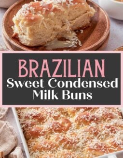 Pinterest graphic for Brazilian sweet condensed milk buns featuring a close-up bun on a wooden plate, a pan of glazed coconut-topped buns, and the text “Brazilian Sweet Condensed Milk Buns” and “Olivia’s Cuisine.”