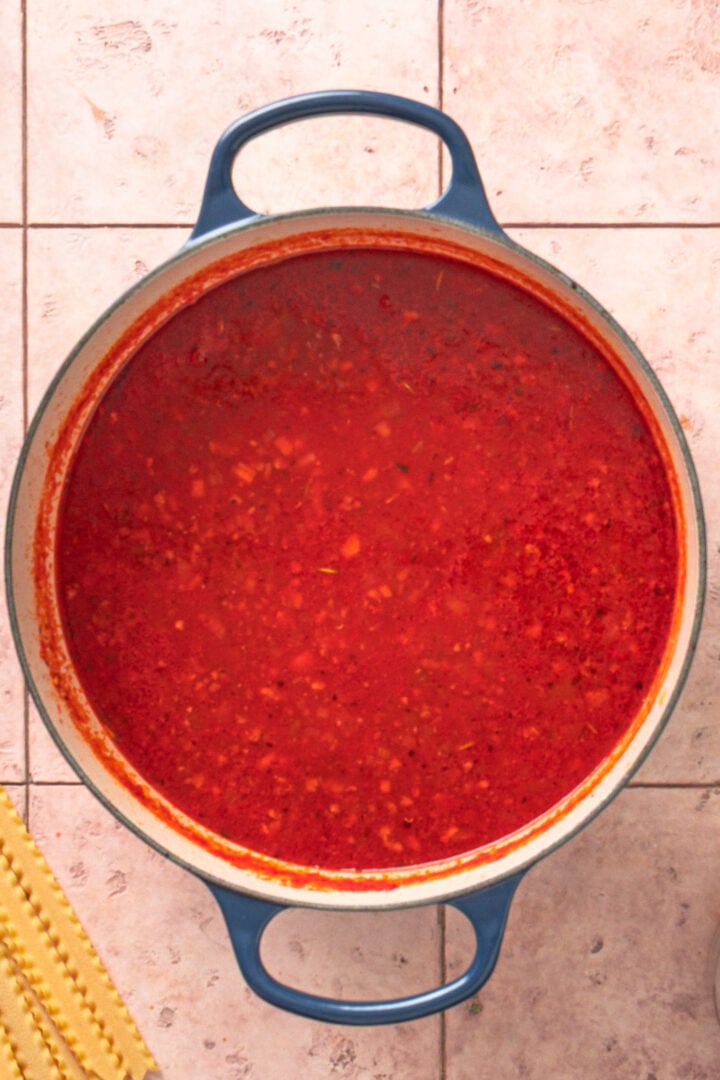 Lasagna soup simmering in pot.
