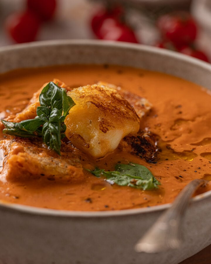 Close-up of a grilled cheese crouton with melted cheese between toasted bread, resting on tomato soup with basil and black pepper.