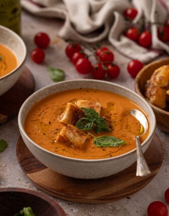 Roasted Tomato Soup with Grilled Cheese Croutons